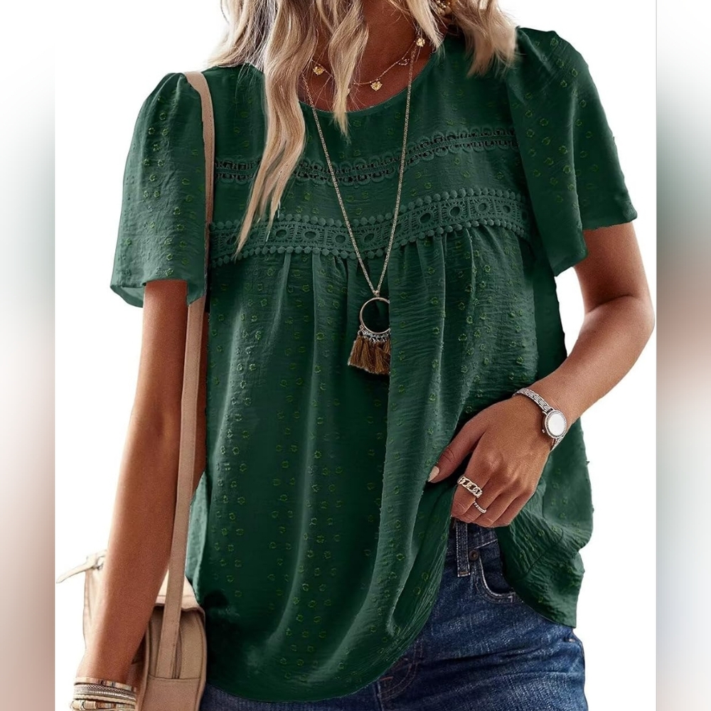 Falwchay || XL Dark Green Boho Flowy Short Sleeve Blouse NWOT